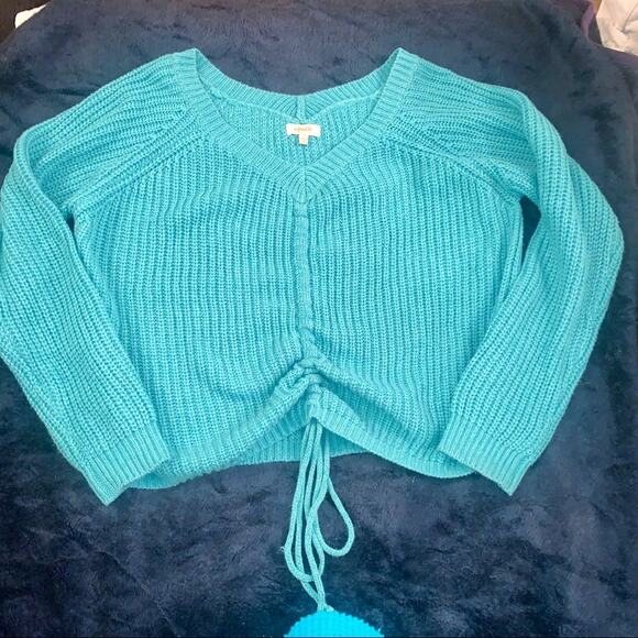 NWOT TIFFANY BLUE SWEATER WITH RUCHING - ADJUSTABLE LENGTH S OVERSIZED - Picture 4 of 10